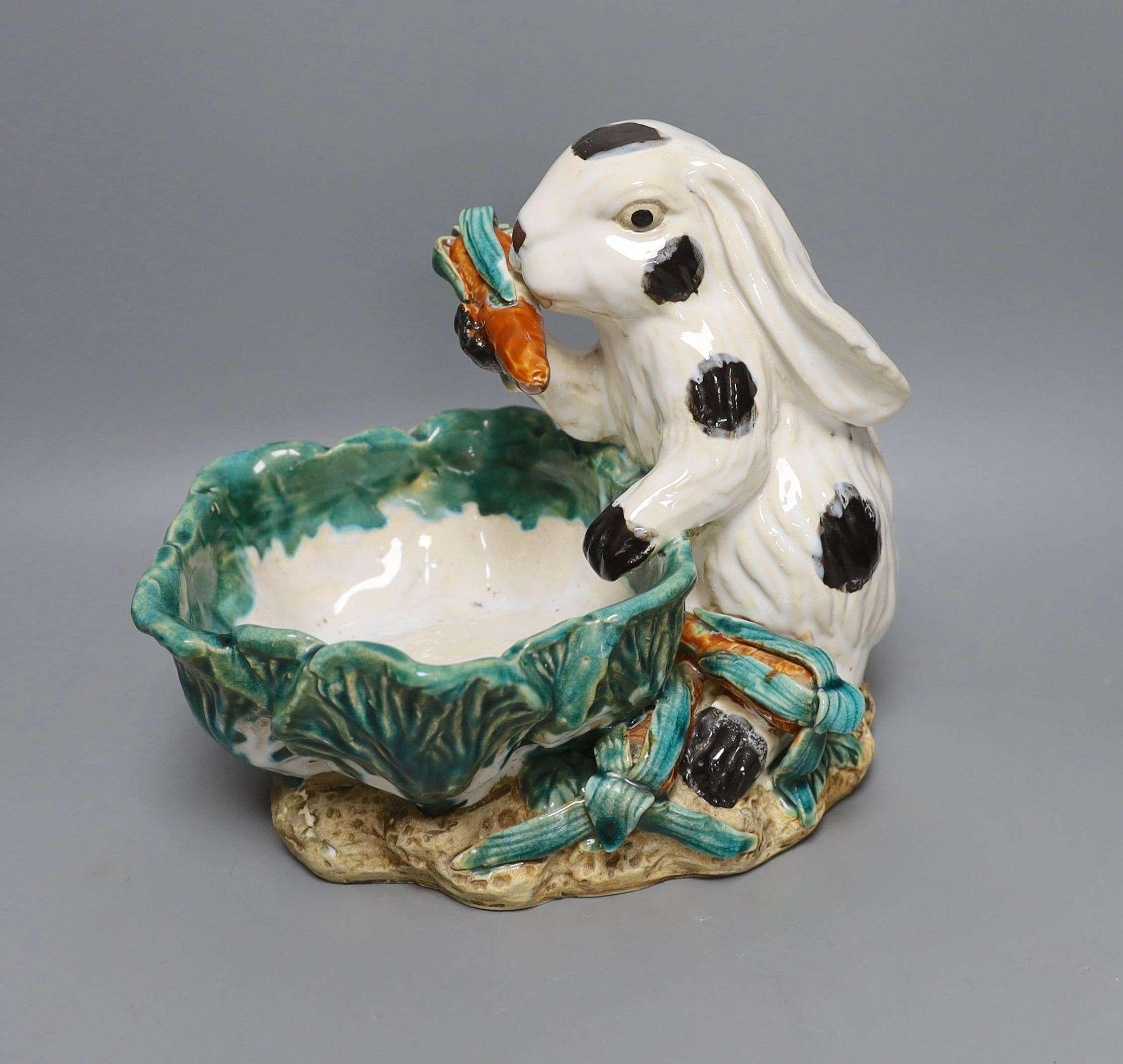 An unusual late 19th century Continental majolica 'rabbit' dish - 26cm tall